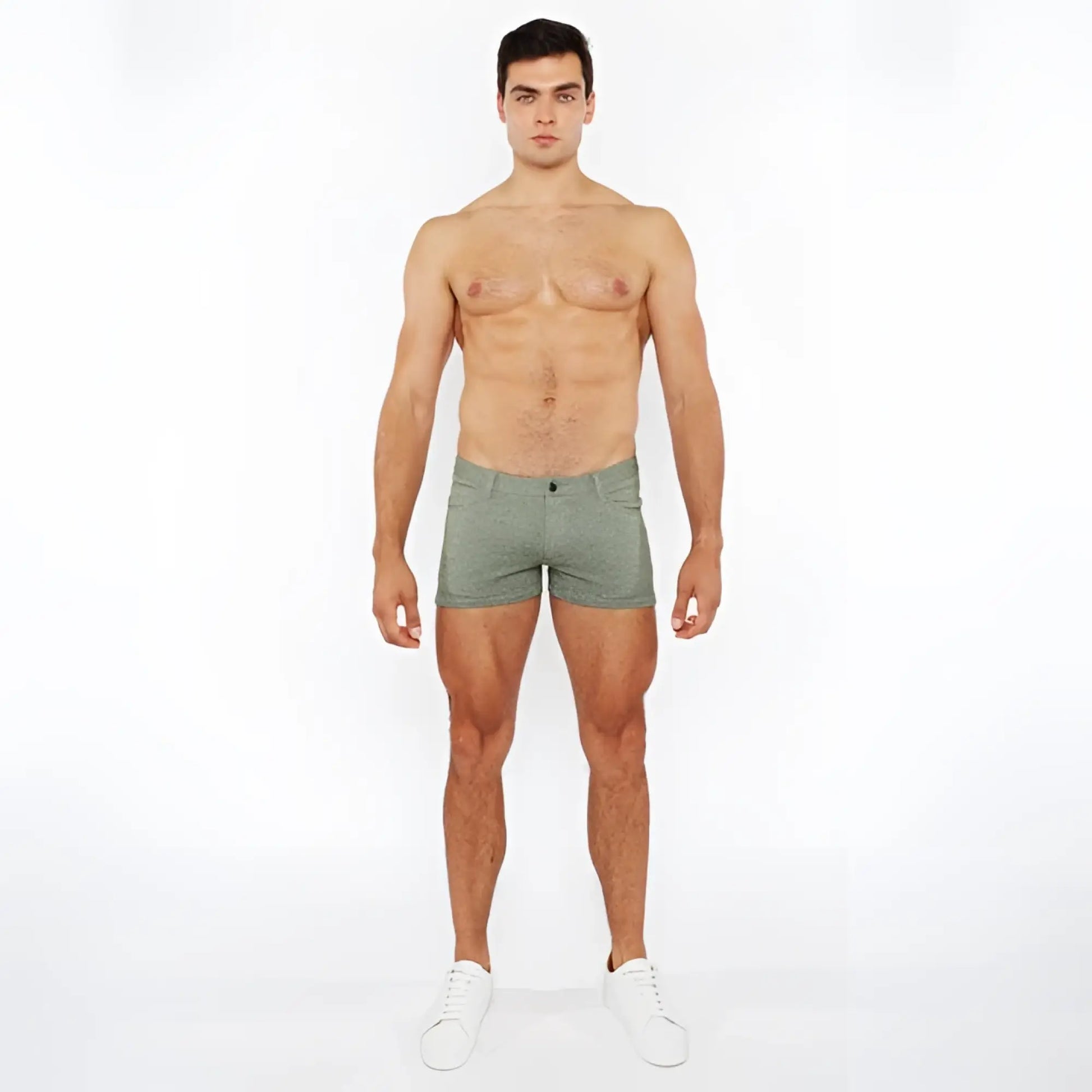 A pair of olive green 3 inch stretch knit two tone briefs with textured fabric pattern and button closure
