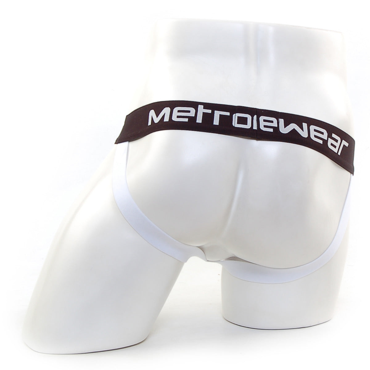 White men’s briefs with a dark brown metrowear logo waistband paired with metro malewear mesh camo jock strap orange 3001-03
