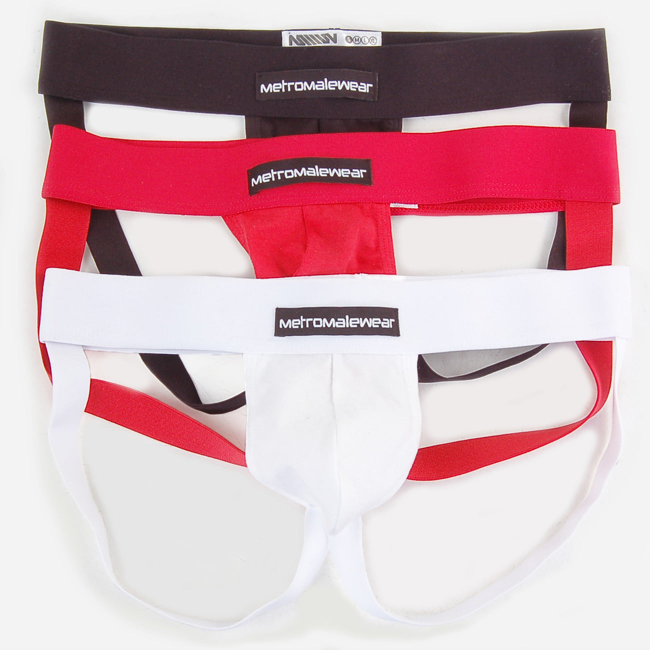 Set of three metromalewear cup jock strap briefs in black red and white for men in 3001-3pk pack