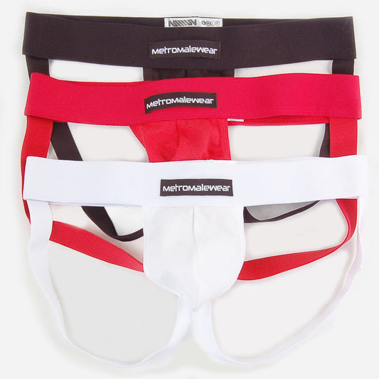 Set of three metromalewear cup jock strap briefs in black red and white for men in 3001-3pk pack