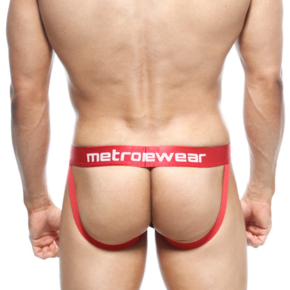 Red metrowear briefs with a bold white logo waistband from metro malewear jock strap atractivo 3001-76 collection