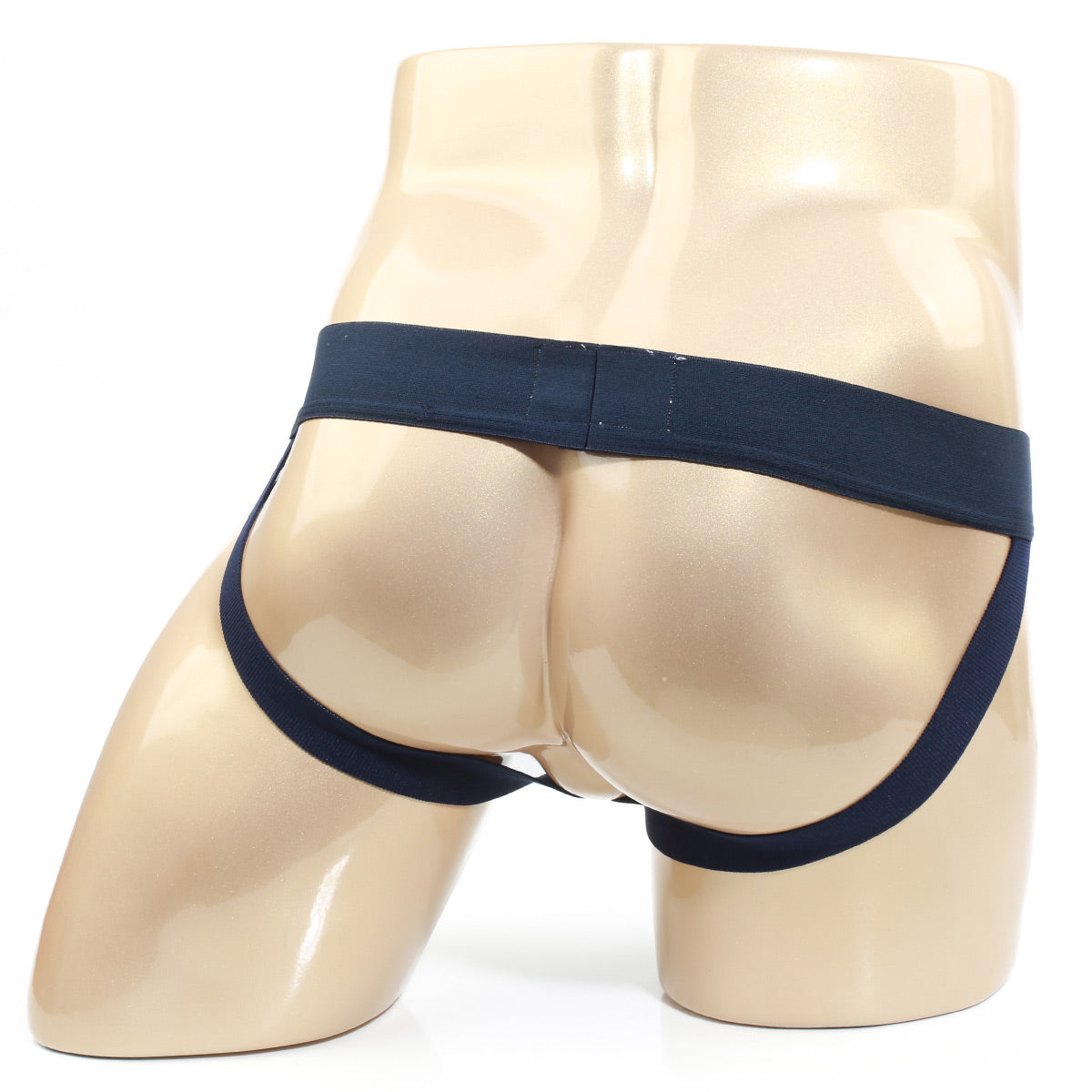 Navy blue cotton briefs with supportive waistband and leg straps metroMaleWear power mesh jock strap 3001-M28 back view