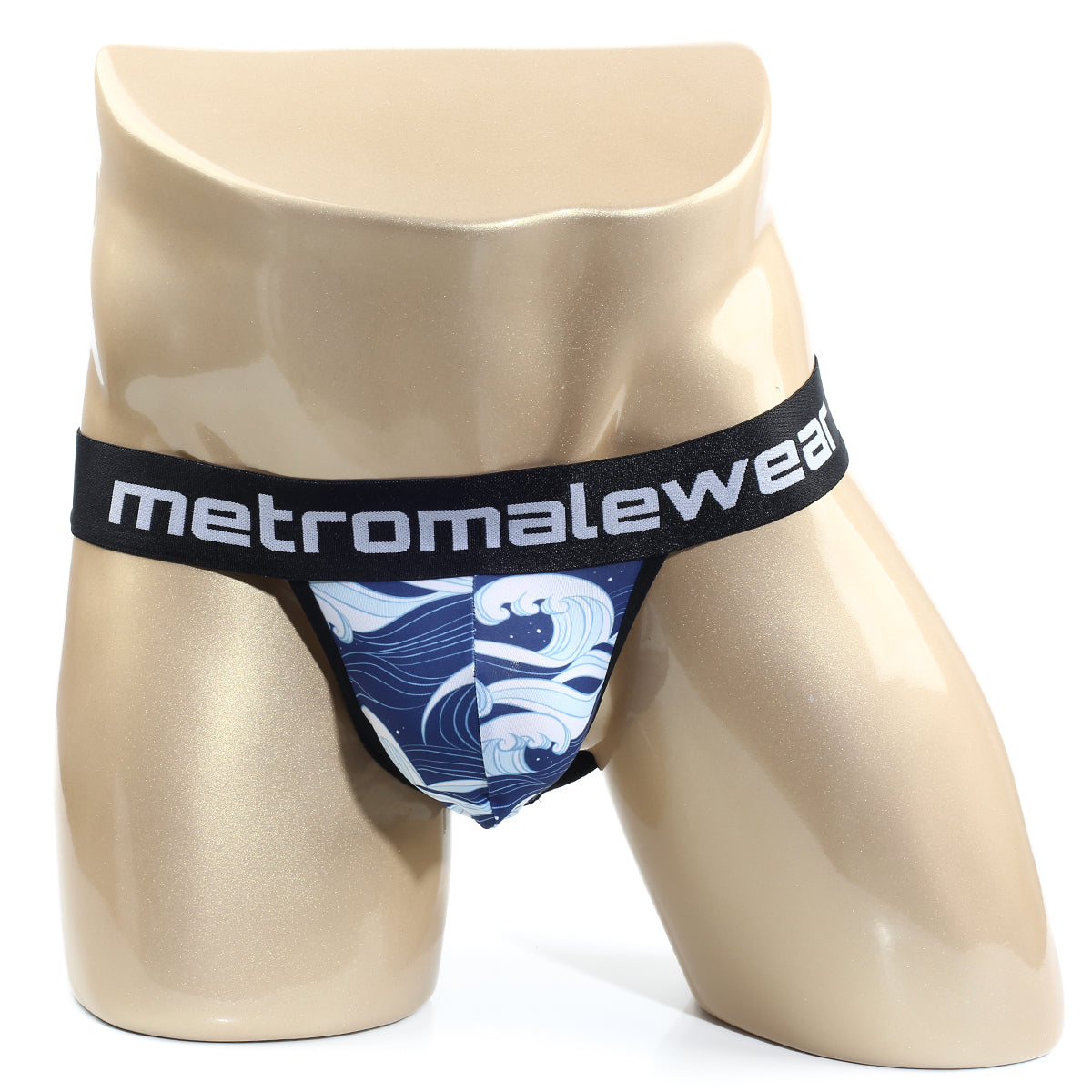 Metro male wear pado jock strap 3001-m63 blue and white wave patterned briefs with black branded elastic waistband