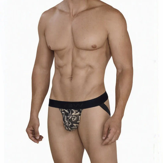 Men's jock strap in a camouflage pattern with a black waistband worn by a model by MetroMaleWear M2W