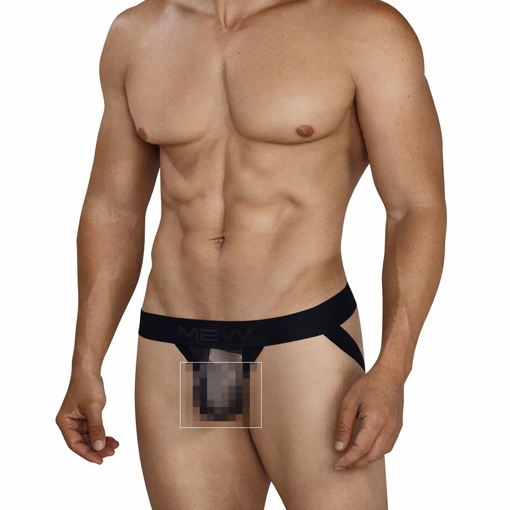 Black jock strap with logo waistband designed by MetroMaleWear showcasing a fitted style and minimal coverage
