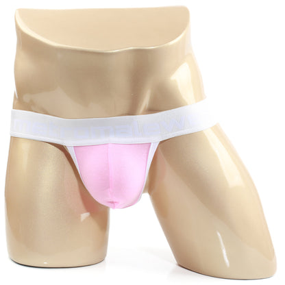Metro male wear candy coated pink thong with white waistband displayed on a mannequin front view