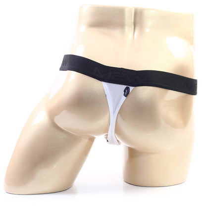 MetroMaleWear kiss white thong 3002-65 with black elastic waistband and small dark logo on the front
