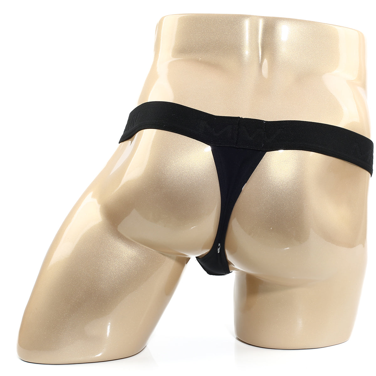 MetroMaleWear kiss black thong 3002-66 with smooth elastic waistband and thin fabric straps shown from the back side