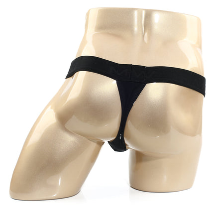 MetroMaleWear kiss black thong 3002-66 with smooth elastic waistband and thin fabric straps shown from the back side