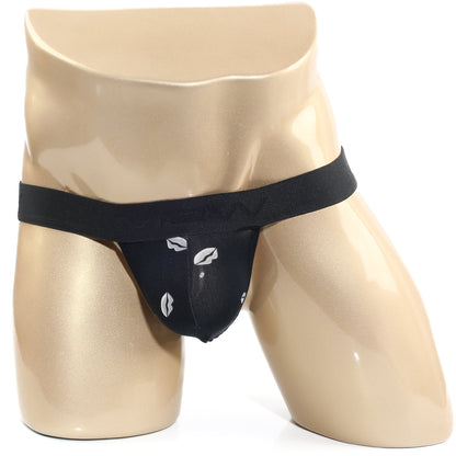 Black lace thong with white lip print design by MetroMaleWear ideal for stylish intimate wear