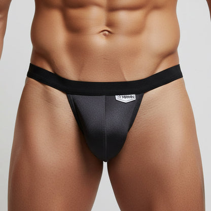 Black satin-like charcoal briefs with sleek form-fitting design and subtle sheen from MetroMaleWear Modernizing Thong
