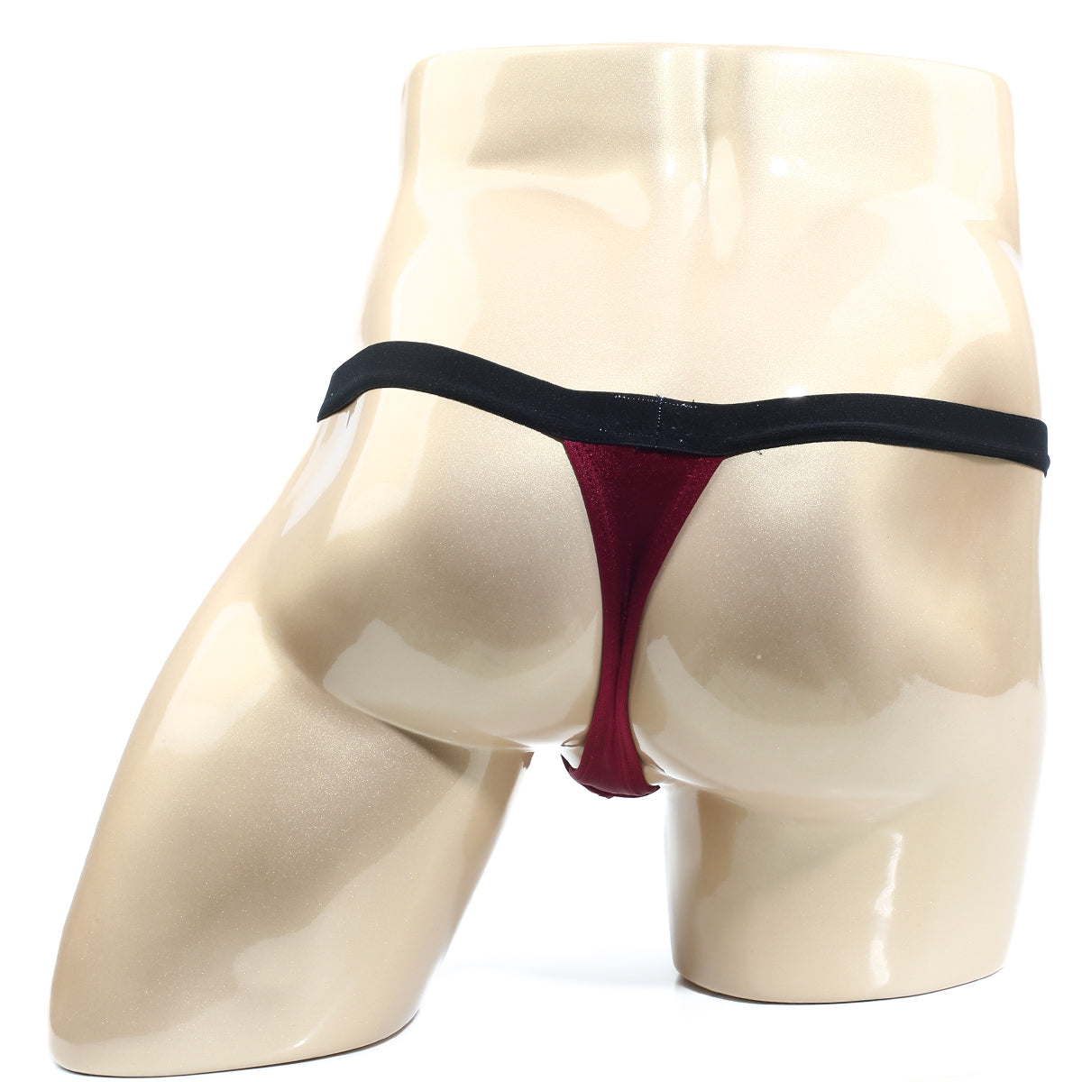 A sleek deep red thong with a contrasting black elastic waistband from MetroMaleWear modernizing thong burgundy 3002-M29