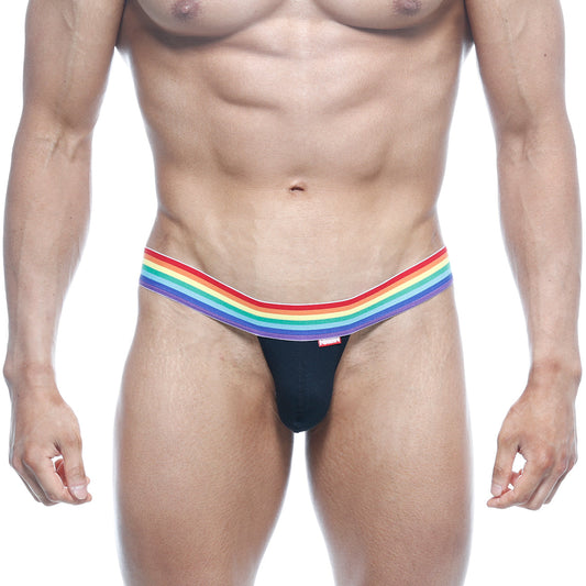 Black MetroMaleWear Pride thong featuring a rainbow-striped waistband showing the front side design