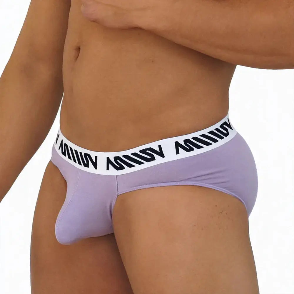 Men's lavender cotton pouch hip brief with a contrasting black waistband shown on a model's lower body by MetroMaleWear M2W