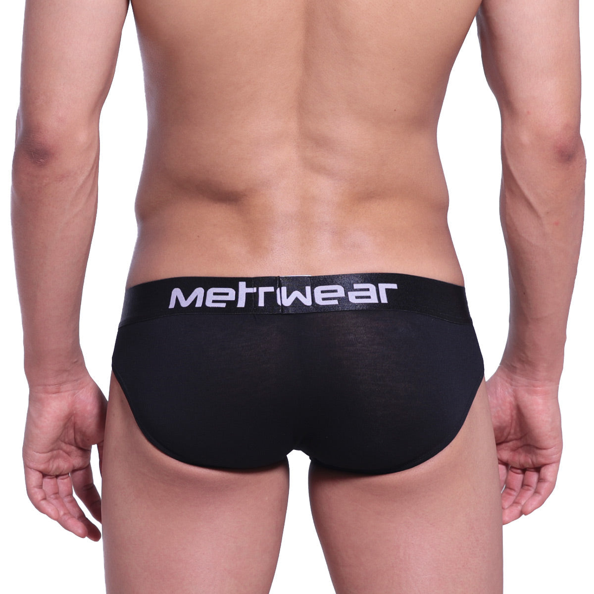 Black MetroMaleWear cotton pouch hip briefs with white logo on waistband showing front side