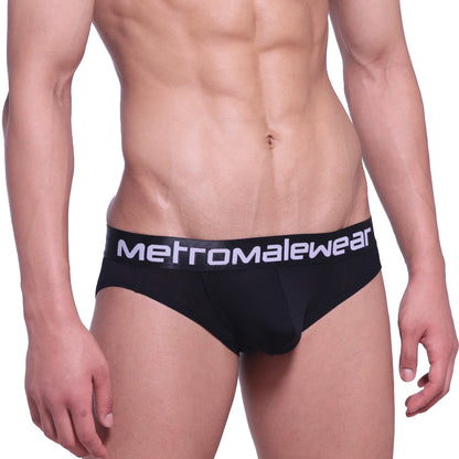 Black metro malewear cotton pouch hip briefs with white logo waistband for comfortable everyday wear