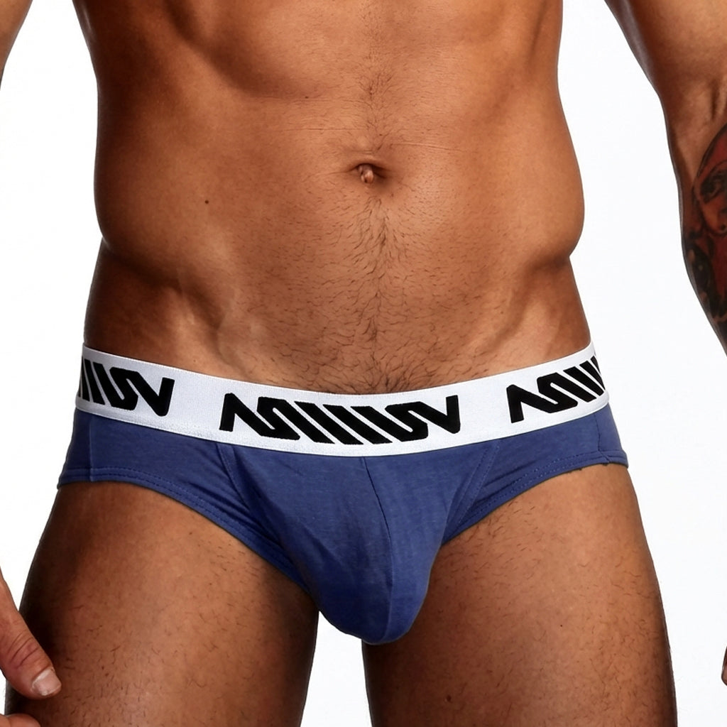 Metro malewear dark blue cotton pouch hip brief with white waistband and black miiiv branding for men