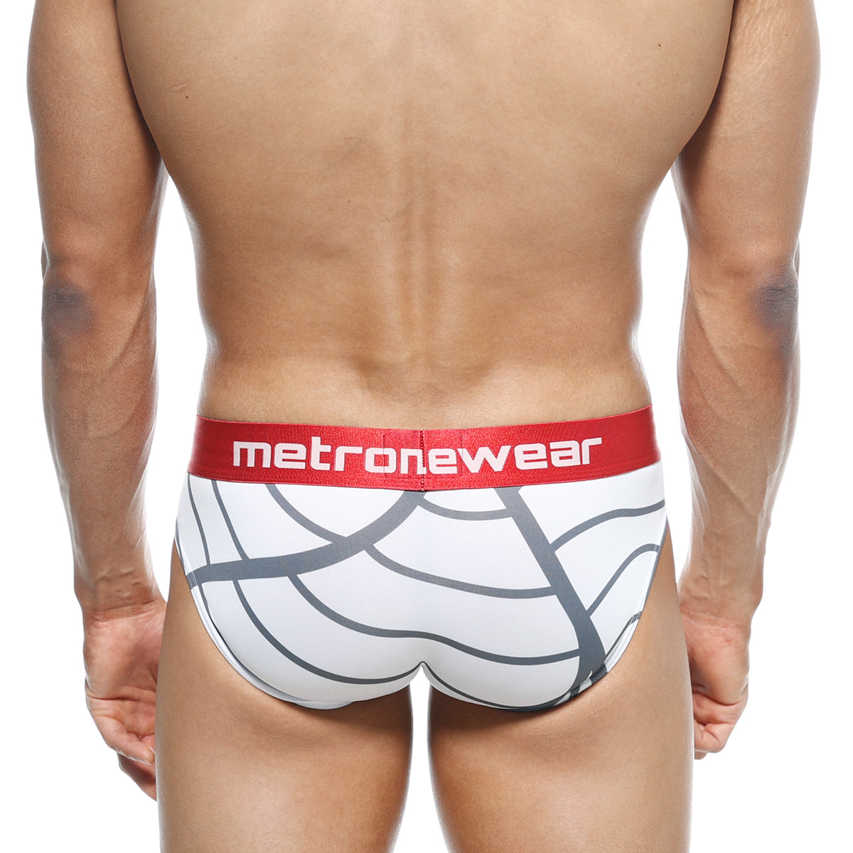 White and gray patterned mens briefs with a red metronewear waistband metroMalewear max hip brief web 3003-40