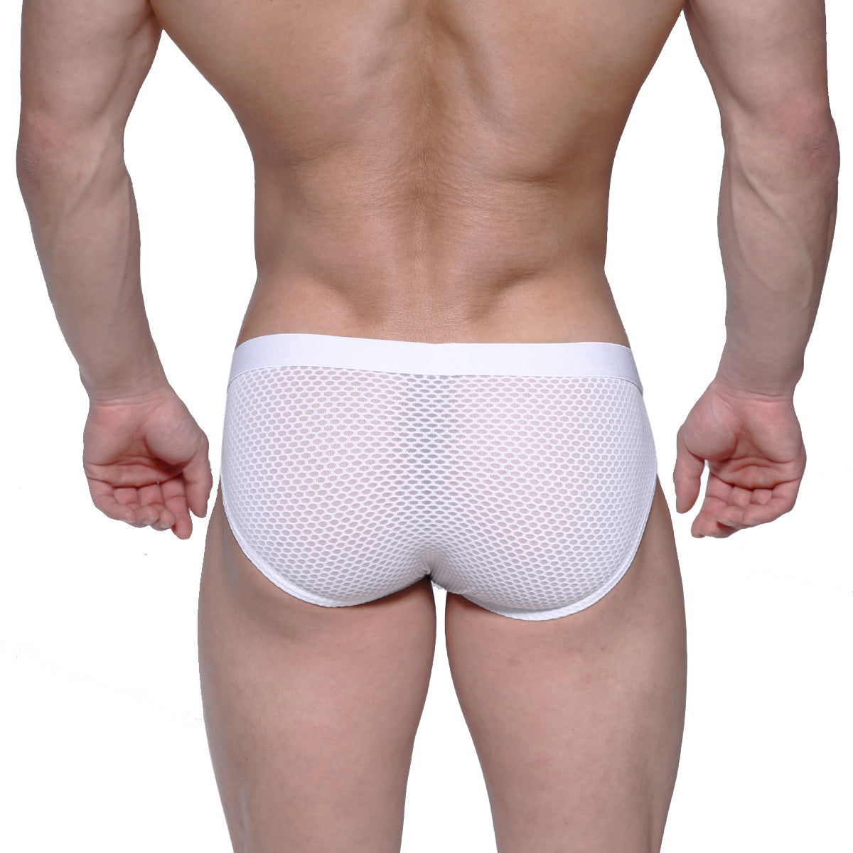 White mesh briefs with solid white waistband from metromalewear max hip brief 3003-71 showing front side view