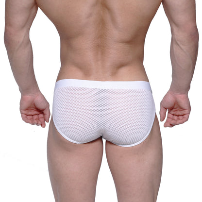White mesh briefs with solid white waistband from metromalewear max hip brief 3003-71 showing front side view