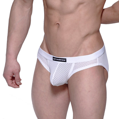 White mesh metro male wear max hip briefs with solid white waistband and metamalewear brand label