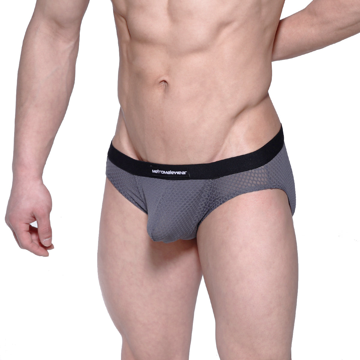 MetroMaleWear Max hip brief gray mesh with black elastic waistband featuring mertenswear brand name