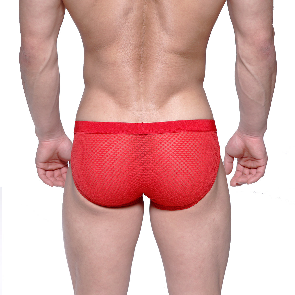 Red mesh metro malewear max hip briefs with solid red waistband for comfortable stylish underwear