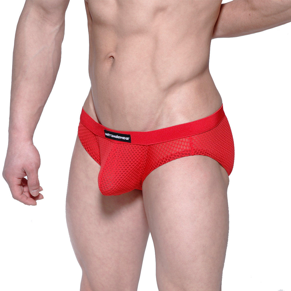Red mesh MetroMaleWear Max hip briefs featuring a black brand label on the waistband for comfortable wear