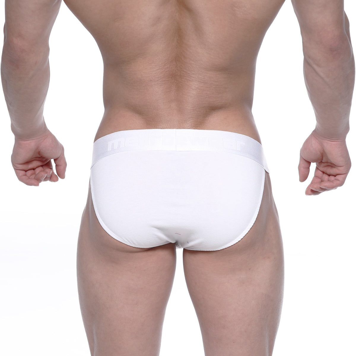White briefs metro malewear asian bikini crystal 3004-02 with smooth form-fitting design and subtle waistband logo