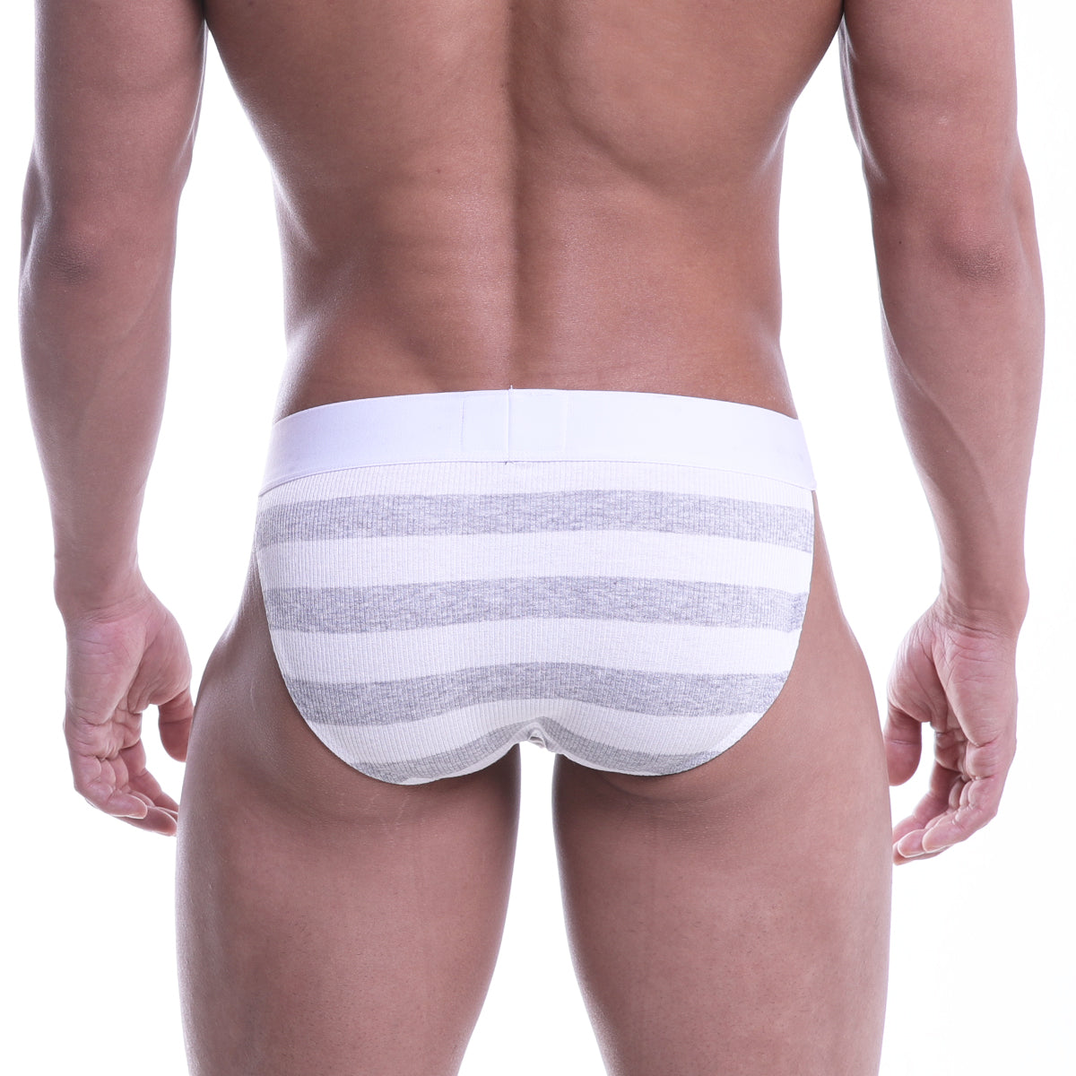 White and gray striped ribbed briefs by metromalewear in soft breathable fabric for comfortable everyday wear
