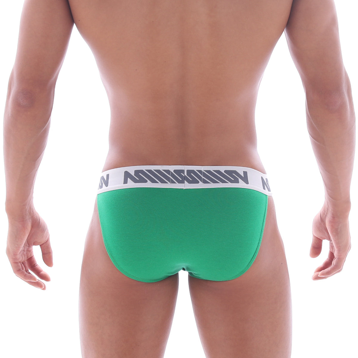 Green mens briefs metro male wear asian bikini with white elastic waistband and gray logo in amazon green color