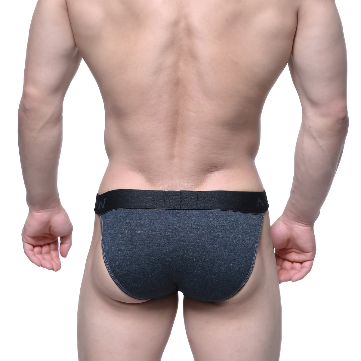 Dark gray heathered MetroMaleWear Asian bikini briefs with black elastic waistband and white men branding charcoal 3004-11