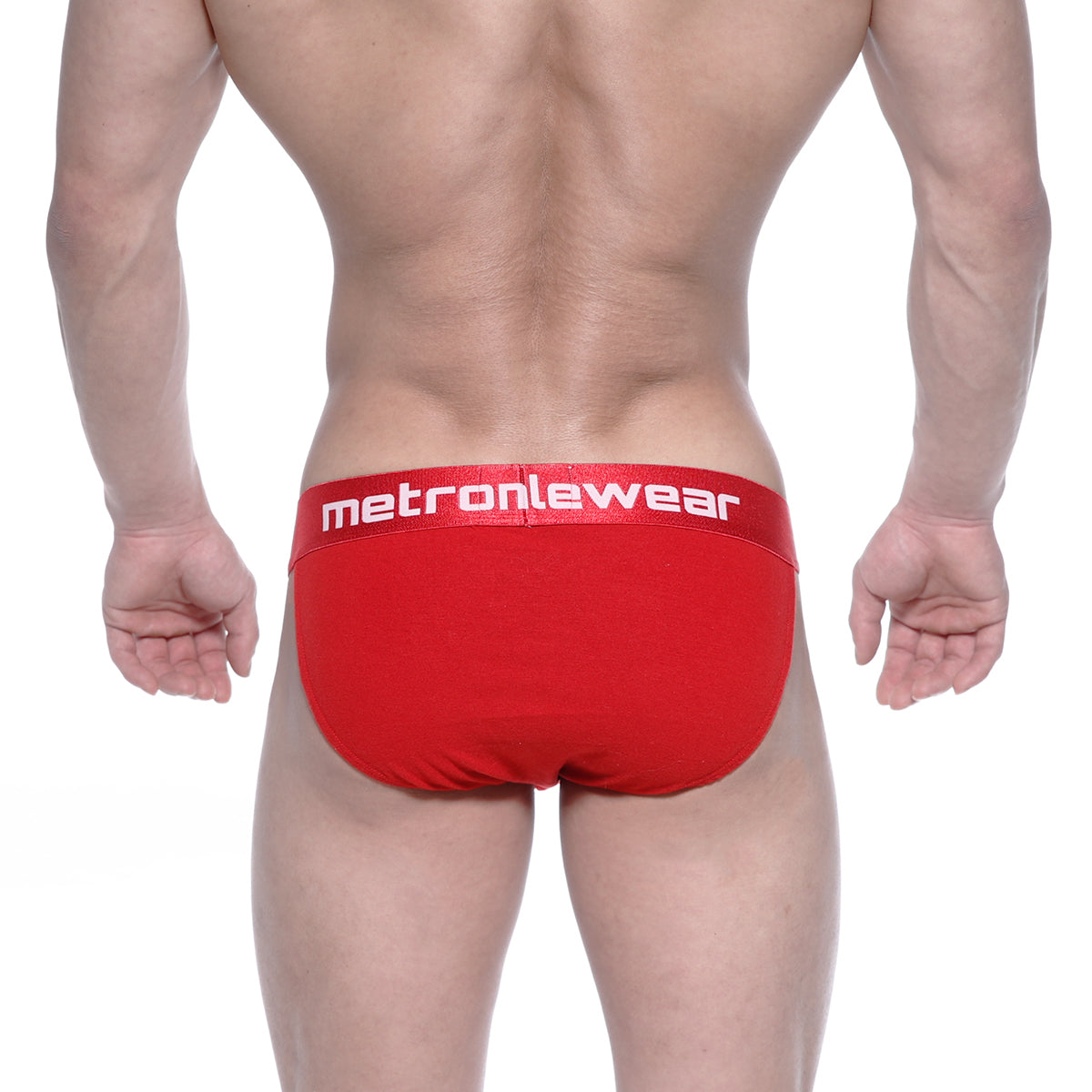 Red metromalewear asian bikini briefs in crimson with a white logo waistband for stylish comfort