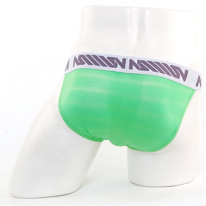 Bright green ribbed mesh asian bikini briefs with white waistband and purple nation lettering by metromalewear