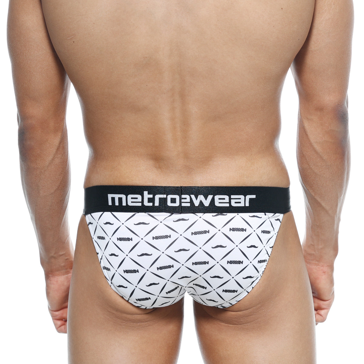 White briefs with black diamond pattern and mustache logos featuring metro2wear branding in metro malewear asian bikini caballero 3004-17
