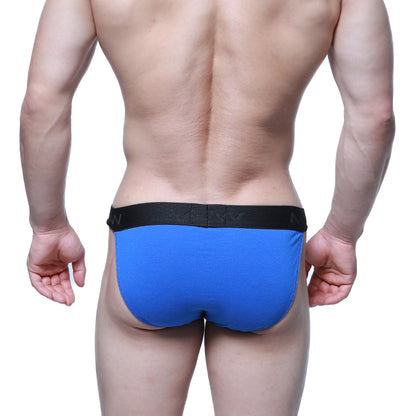 Blue metro malewear asian bikini briefs with black elastic waistband featuring the brand logo royal 3004-18
