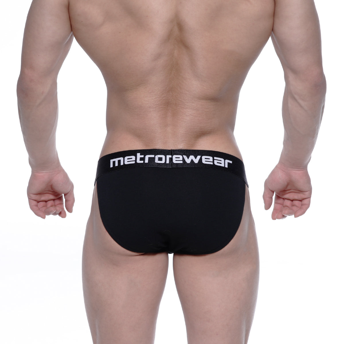 Black men’s briefs with a white metrowear logo on the waistband from metromalewear asian bikini intense 3004-21