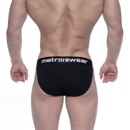Black men’s briefs with a white metrowear logo on the waistband from metromalewear asian bikini intense 3004-21