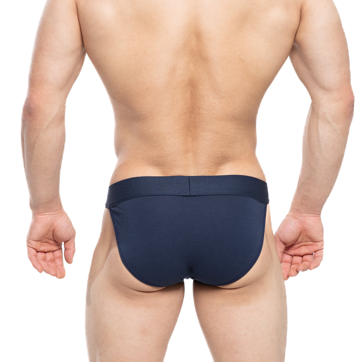 Navy blue metro male wear profundo bikini briefs with smooth form-fitting fabric and subtle elastic waistband