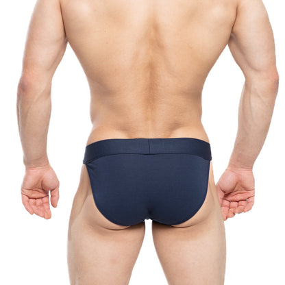 Navy blue metro male wear profundo bikini briefs with smooth form-fitting fabric and subtle elastic waistband