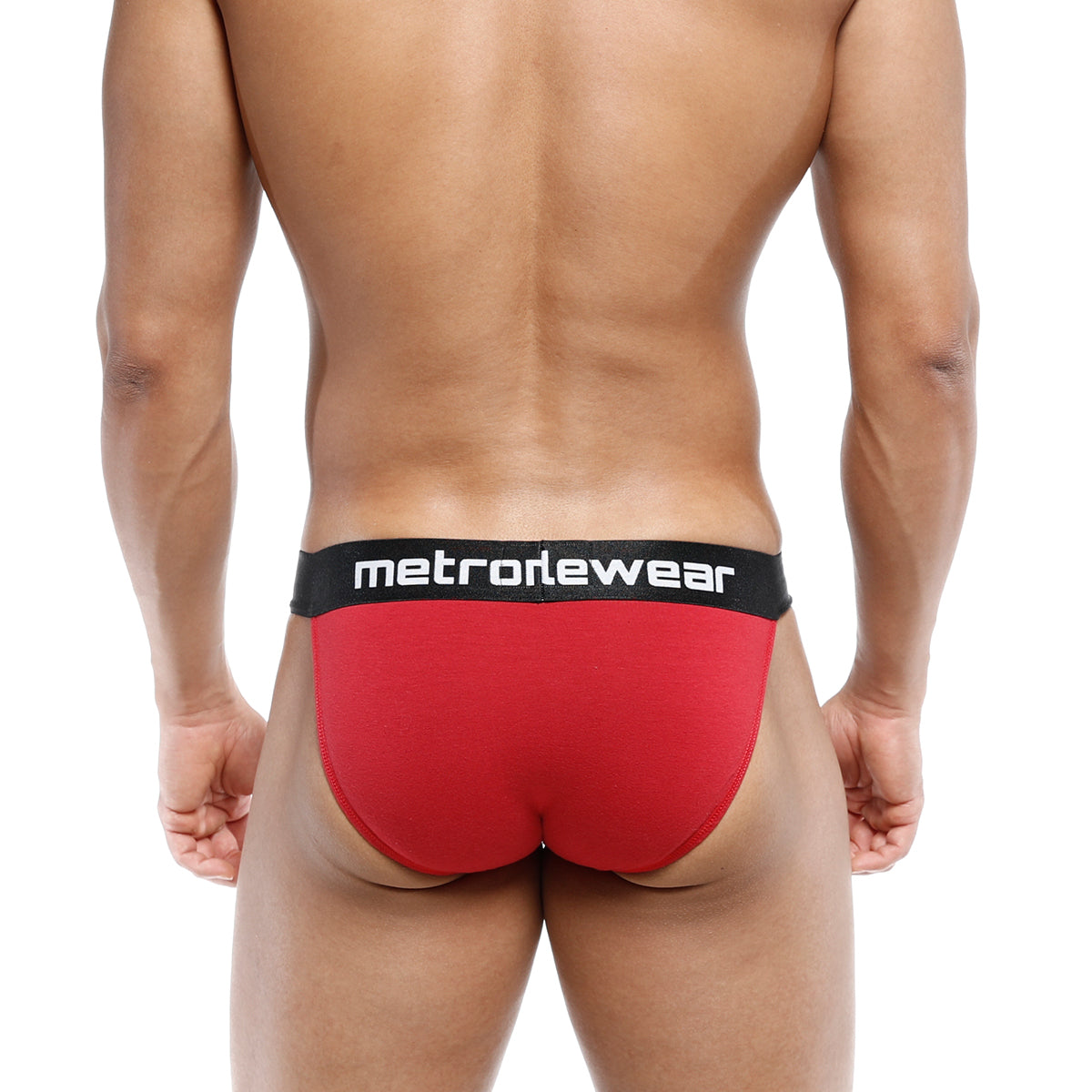 Red metrowear briefs with black waistband featuring white lettering from metromalewear asian bikini terracotta 3004-29
