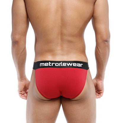 Red metrowear briefs with black waistband featuring white lettering from metromalewear asian bikini terracotta 3004-29