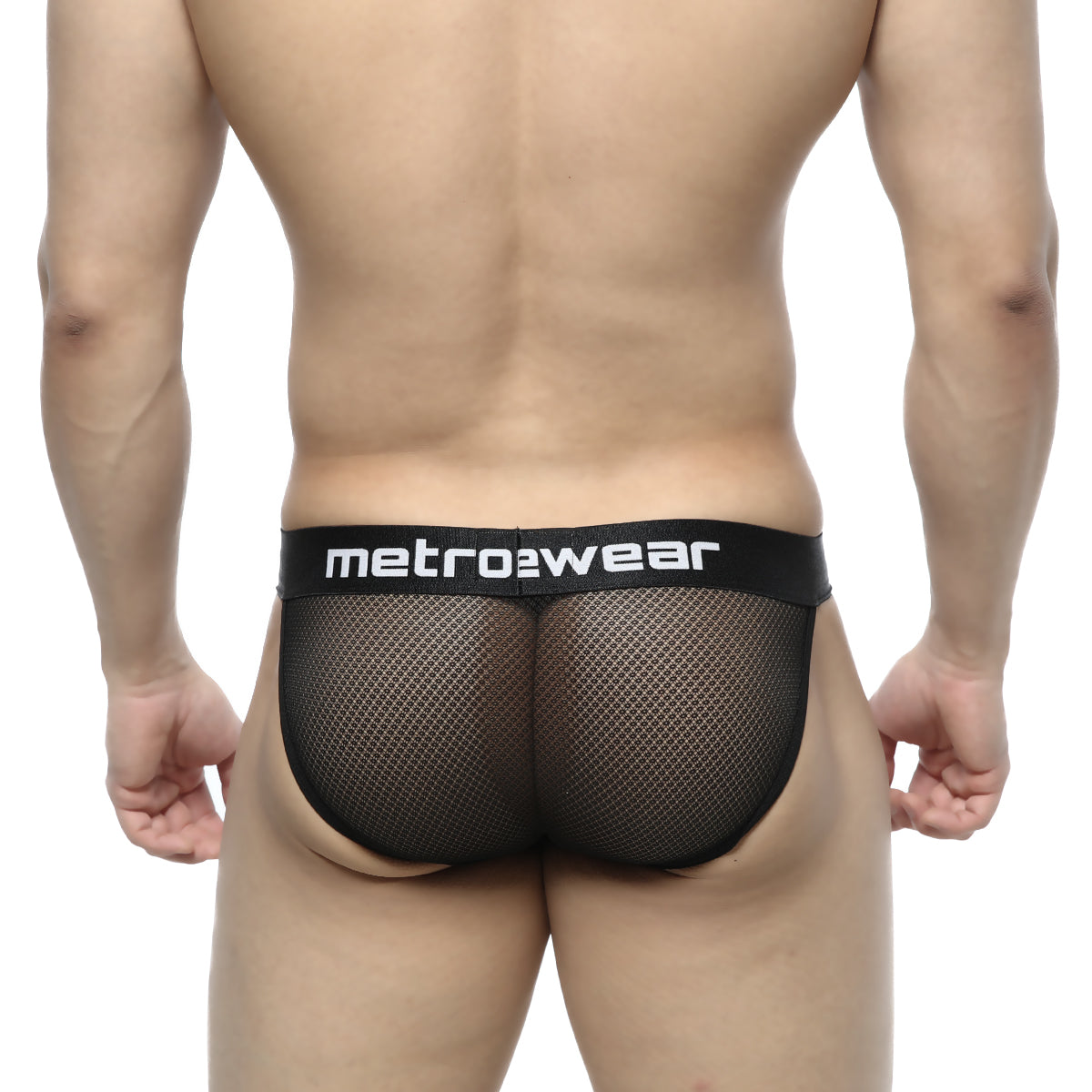 Black mesh briefs with black elastic waistband featuring metro2wear logo from metromalewear tull bikini 3004-31