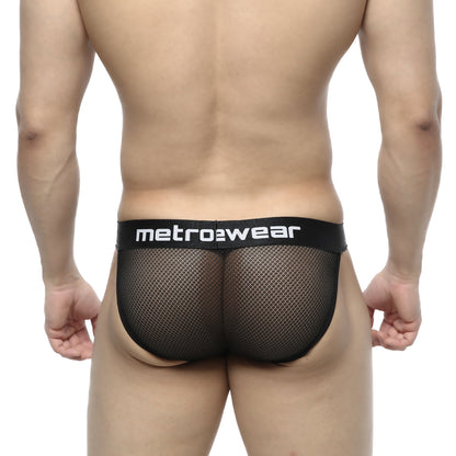 Black mesh briefs with black elastic waistband featuring metro2wear logo from metromalewear tull bikini 3004-31