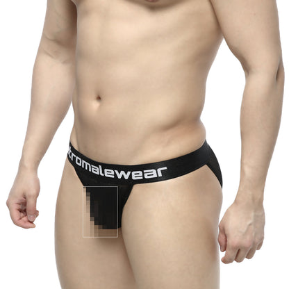 Black chromalewear thong with mesh panel and white branding on waistband MetroMaleWear Tull Bikini 3004-31 back view