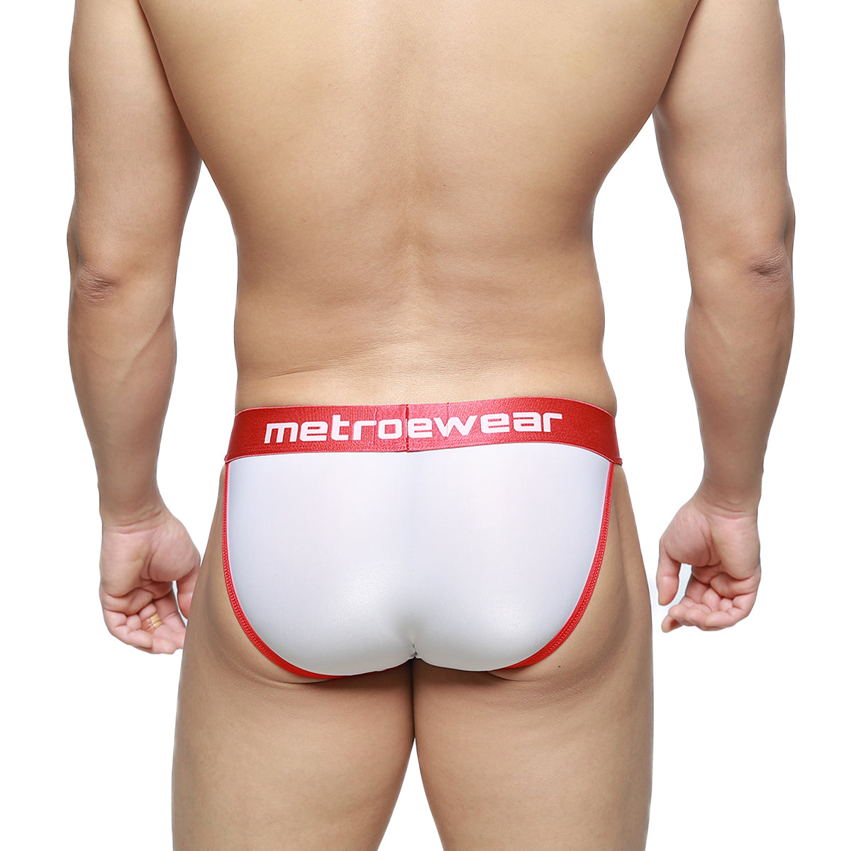 Metro malewear semi-sheer bikini briefs in white and red with snug form-fitting design and breathable fabric