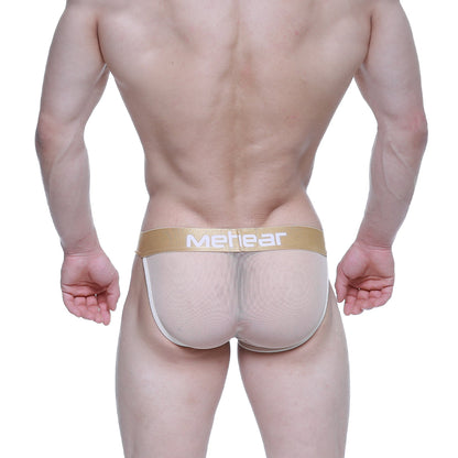 Beige mesh briefs with a gold metear logo waistband from MetroMaleWear nude bikini 3004-33 product line