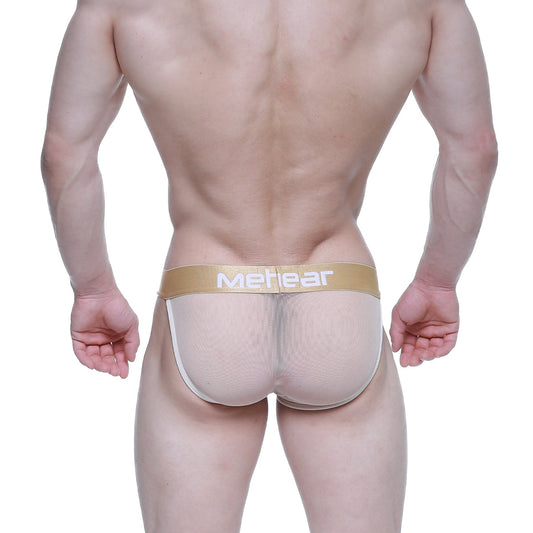 Beige mesh briefs with a gold metear logo waistband from MetroMaleWear nude bikini 3004-33 product line