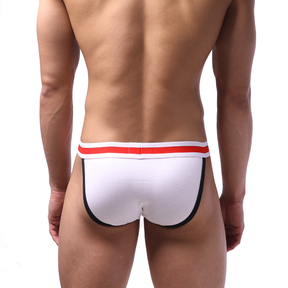 White athletic briefs metroMalewear sport bikini 3004-38 with red and white striped waistband and black leg trim