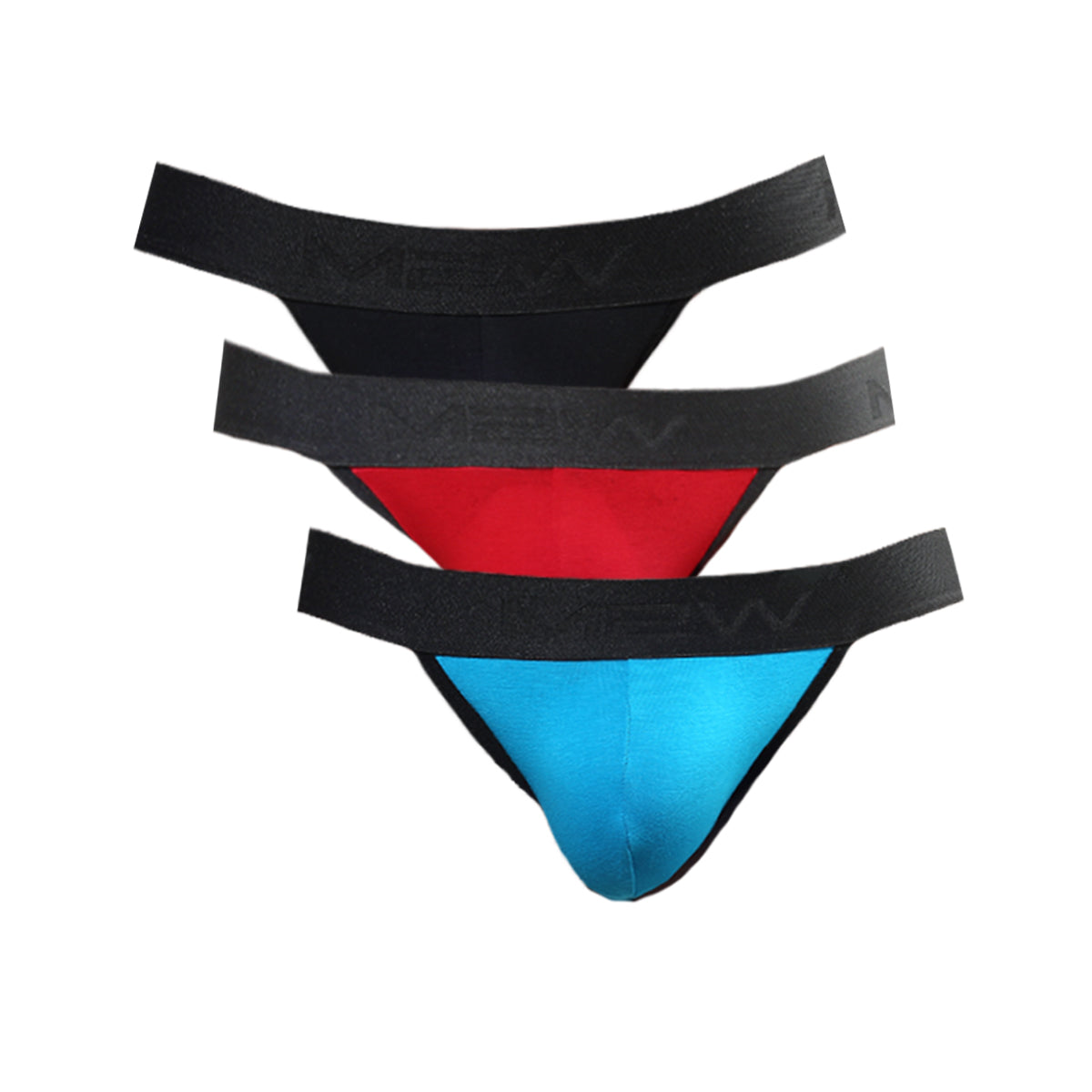 Set of MetroMaleWear cotton bikini briefs in black red and blue with matching elastic waistbands three pack